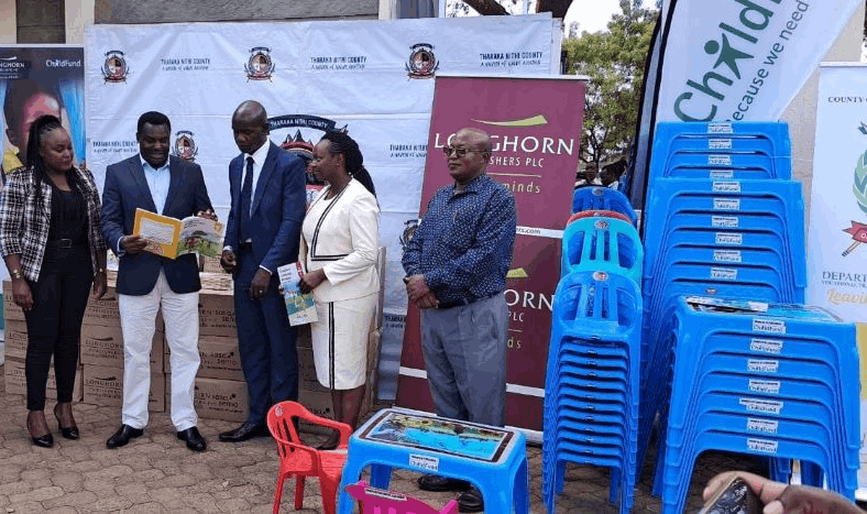 Presentation of ECD course books, teacher’s guides, plastic chairs and tables to Tharaka Nithi County Governor-Hon Muthomi Njuki at County headquarters